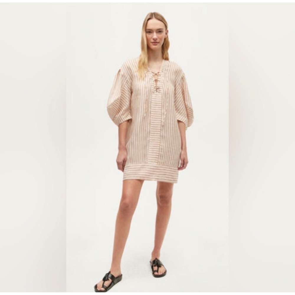 NWT Rhode Deja Tan White Striped Linen Lace Up Puff Sleeve Mini Dress Large